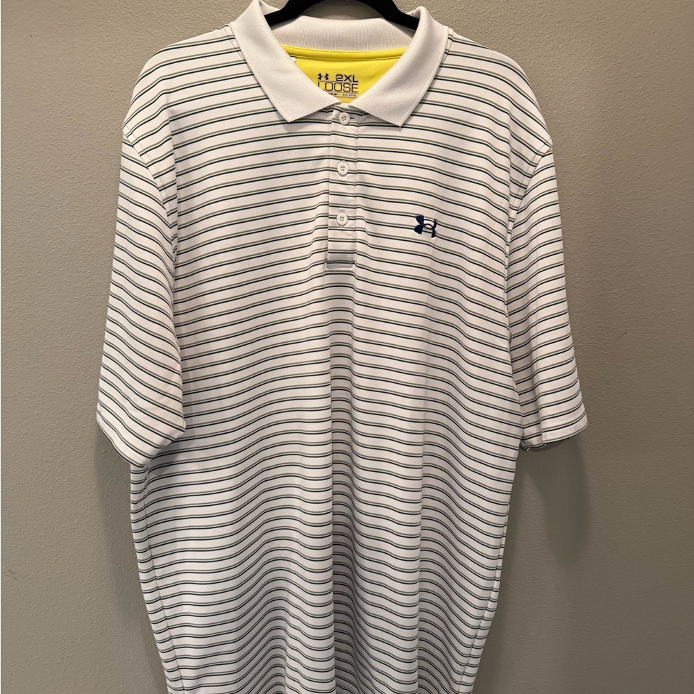 Under Armour White and Gray Striped Polo